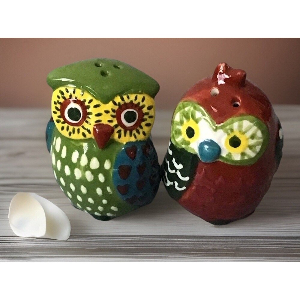Pair of Ceramic OWL Salt and Pepper Shakers - Two (2) Colorful 3” Owl Shakers